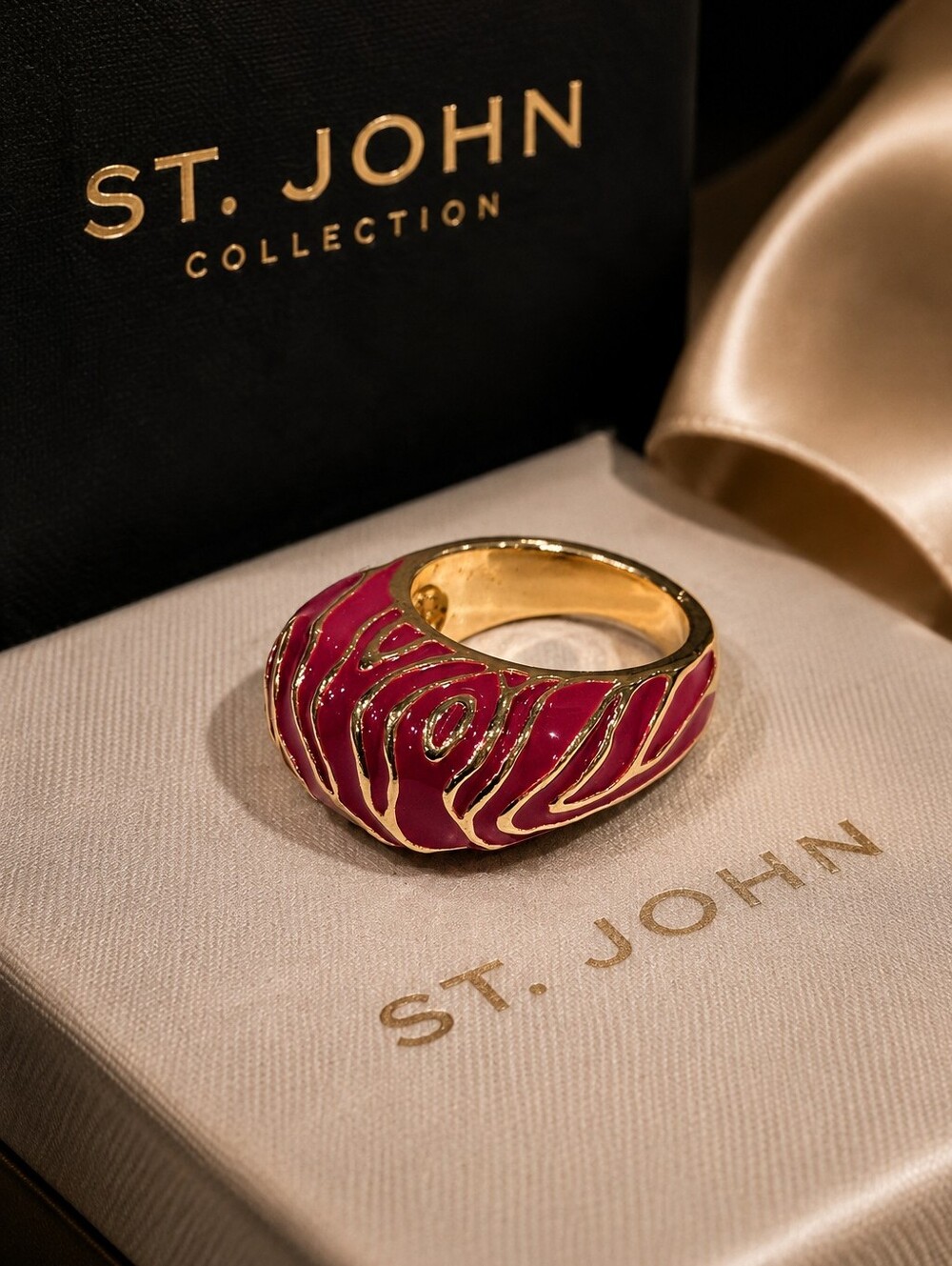 St. John Gold-Tone Ring with Deep Pink Enamel Waves